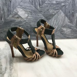 LAMB zip high heel shoes, tan and olive, size 7